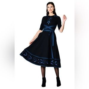 Eshakti Folklore Inspired Embroidered Cottagecore Dress Black and Teal size XS